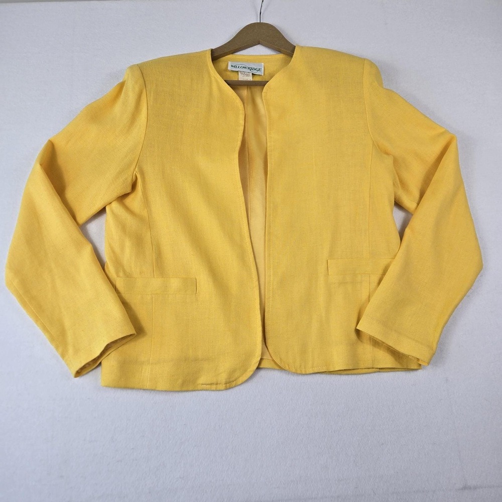 Willow Ridge Blazer Women 6 Yellow Linen Blend Open Front Collarless